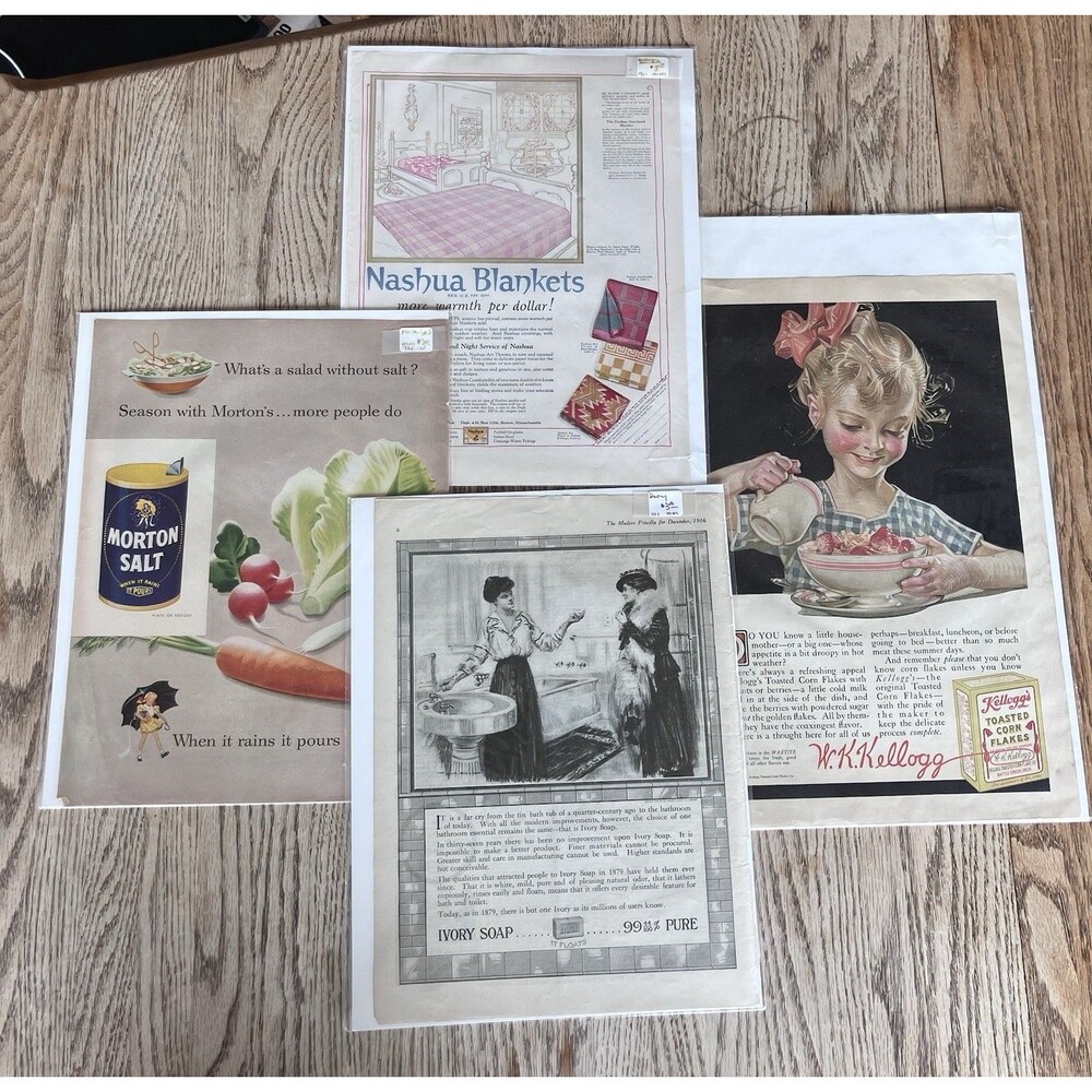 Vintage Early 1900s Advertisements Kellogg, Ivory Soap, Morton, Nashua Americana